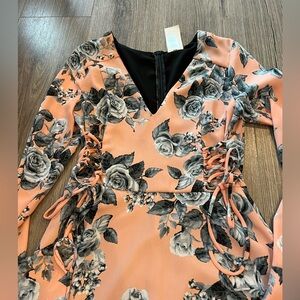 Free People Peach and Black Floral Long Sleeve Dress